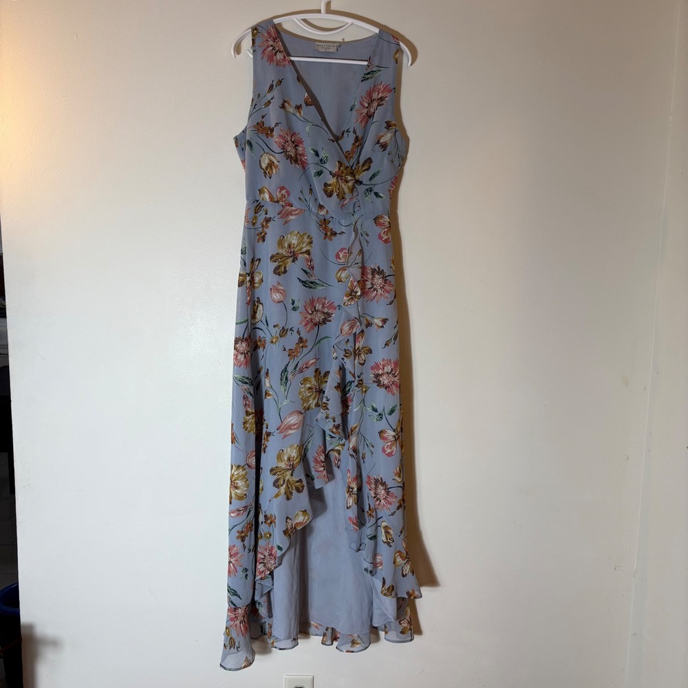 Dress Forum Floral High‎ Low Maxi Dress Surplice Neck Blue Size Medium